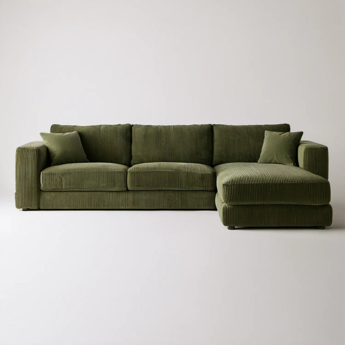 Prawostronna sofa narożna 3-osobowa ze sztruksu poliestrowego, oliwkowozielona, 260 x 160 x 85 cm