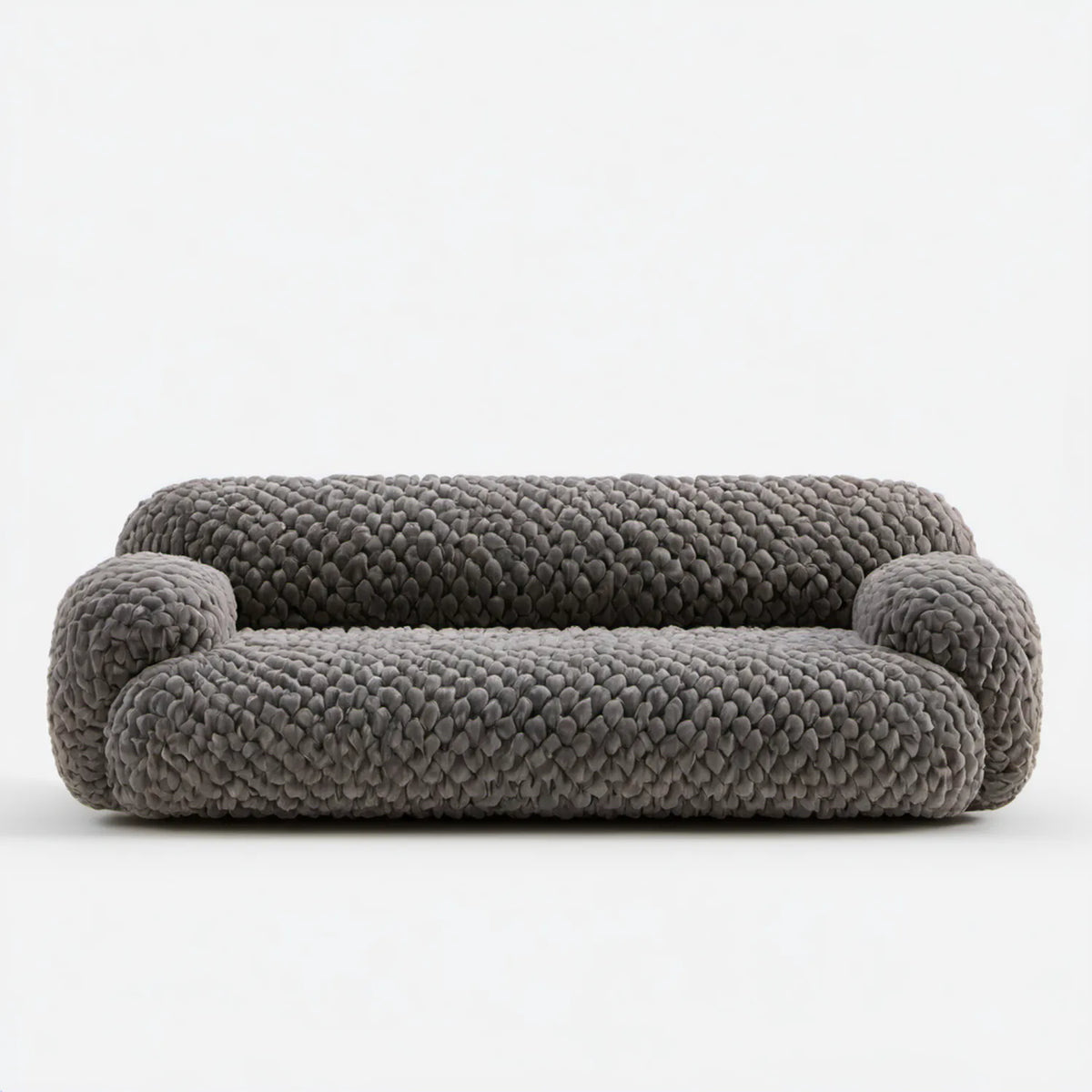 Szara dwuosobowa sofa o zaokrąglonej formie z tapicerką pętelkową, 180 × 100 × 75 cm