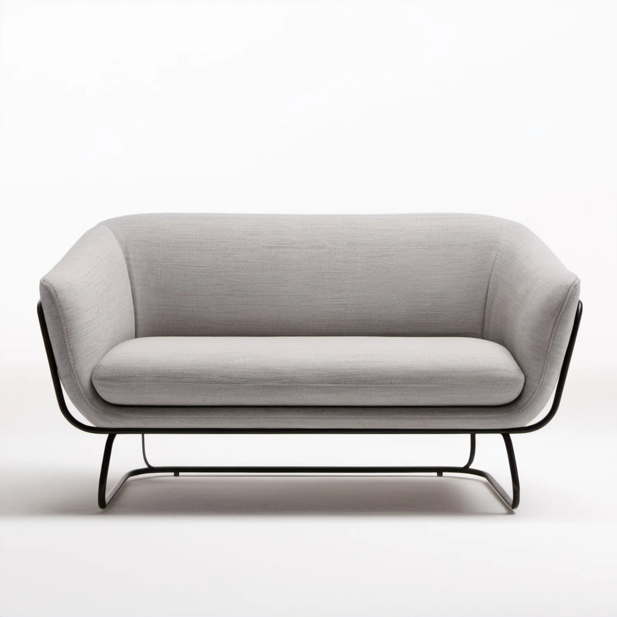 Dwuosobowa półokrągła sofa tapicerowana jasnoszara z czarną podstawą, 160 x 78 x 76 cm