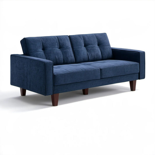 Trzyosobowa sofa tapicerowana granatowa z brązowymi nogami, 210 x 90 x 88 cm