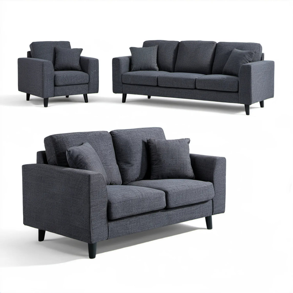 Zestaw wypoczynkowy 3+2+1 z tapicerką poliestrową, ciemnoszary/czarny, sofa 200 × 85 × 85 cm