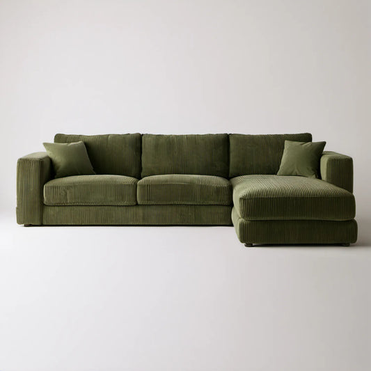 Prawostronna sofa narożna 3-osobowa ze sztruksu poliestrowego, oliwkowozielona, 260 x 160 x 85 cm