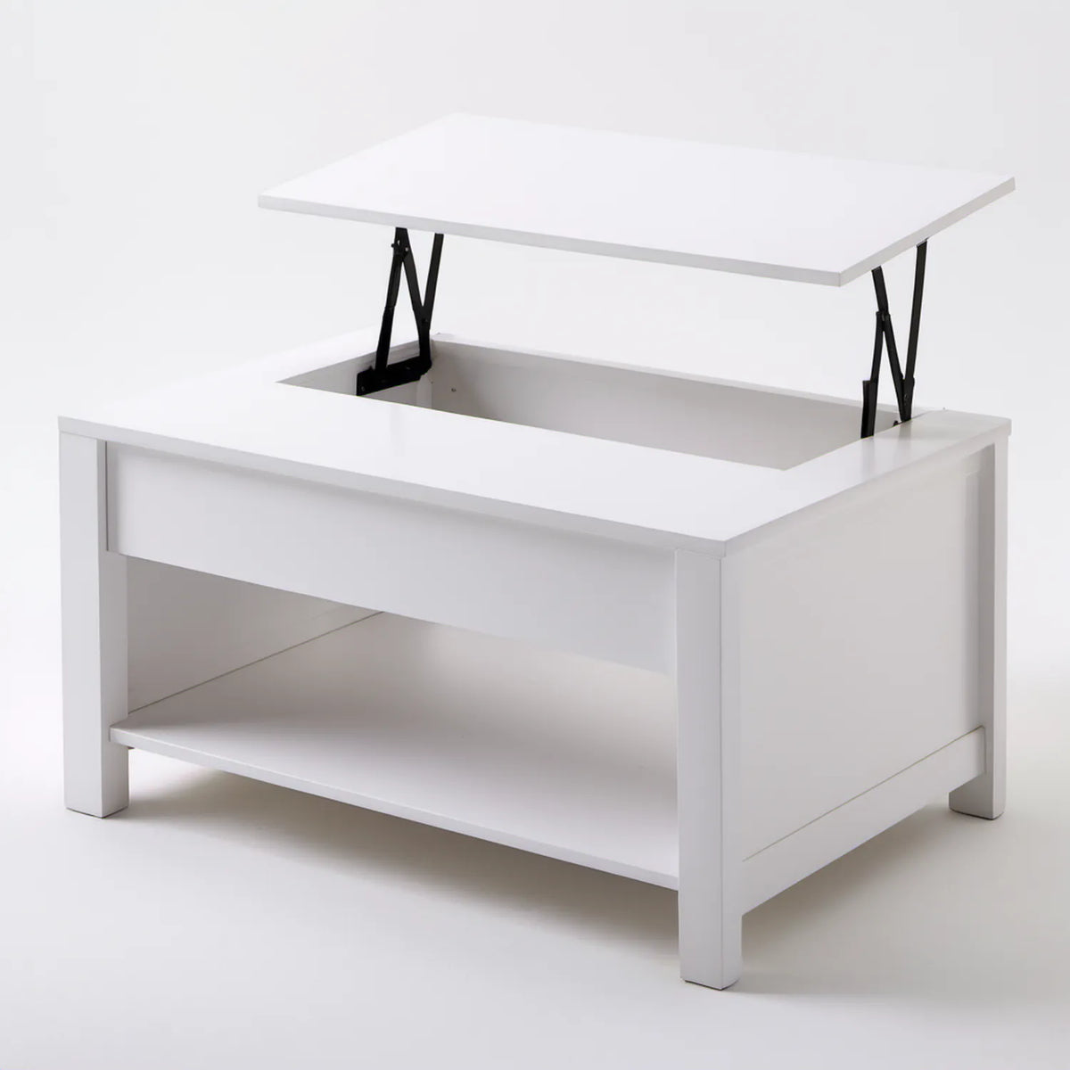Biały stolik z podnoszonym blatem i czarnym mechanizmem, 100 x 50 x 45–60 cm