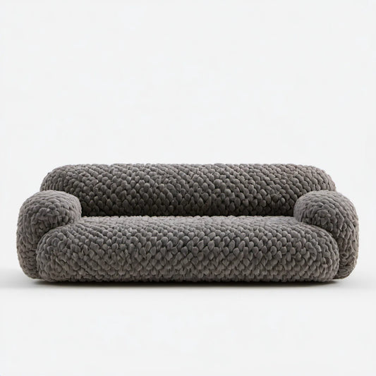Szara dwuosobowa sofa o zaokrąglonej formie z tapicerką pętelkową, 180 × 100 × 75 cm