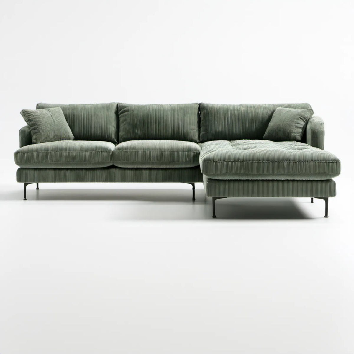 Zielona szałwiowa sofa narożna z prawostronnym szezlongiem, sztruksowa, 280 x 160 x 85 cm