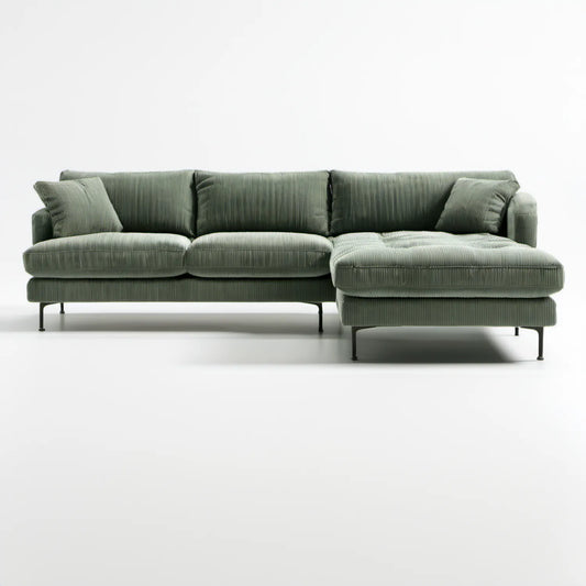 Zielona szałwiowa sofa narożna z prawostronnym szezlongiem, sztruksowa, 280 x 160 x 85 cm