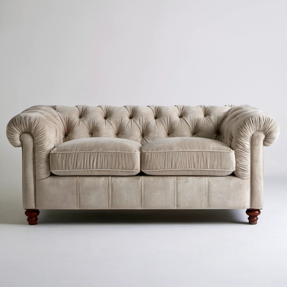 Dwuosobowa sofa Chesterfield z aksamitnym obiciem, beżowa/ciemnobrązowa, 180 x 90 x 80 cm