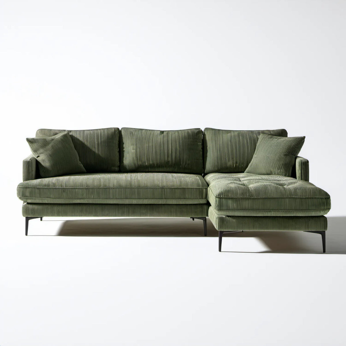 Oliwkowozielona sofa narożna w kształcie L z prawostronnym szezlongiem, 260 x 160 x 85 cm