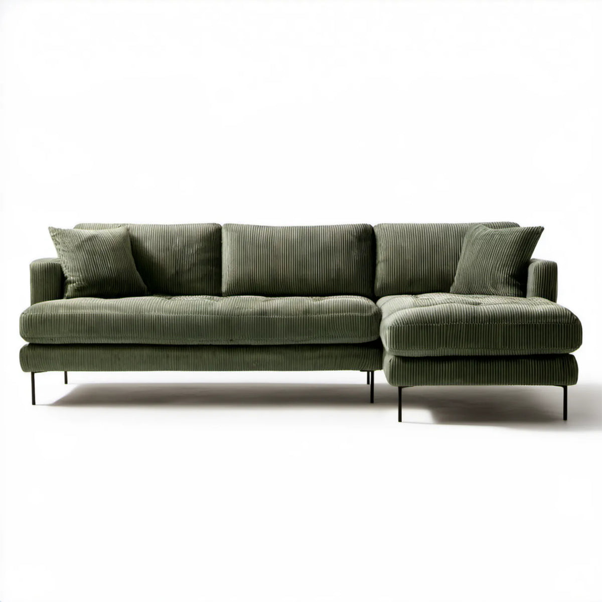 Oliwkowozielona sofa narożna z prawym szezlongiem, sztruksowa, 280 × 160 × 85 cm
