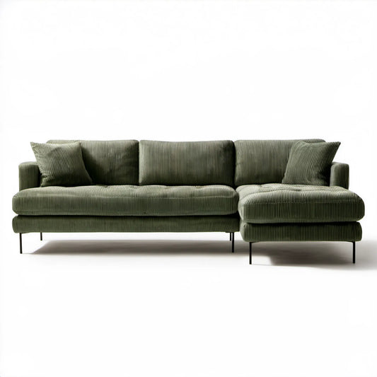Oliwkowozielona sofa narożna z prawym szezlongiem, sztruksowa, 280 × 160 × 85 cm