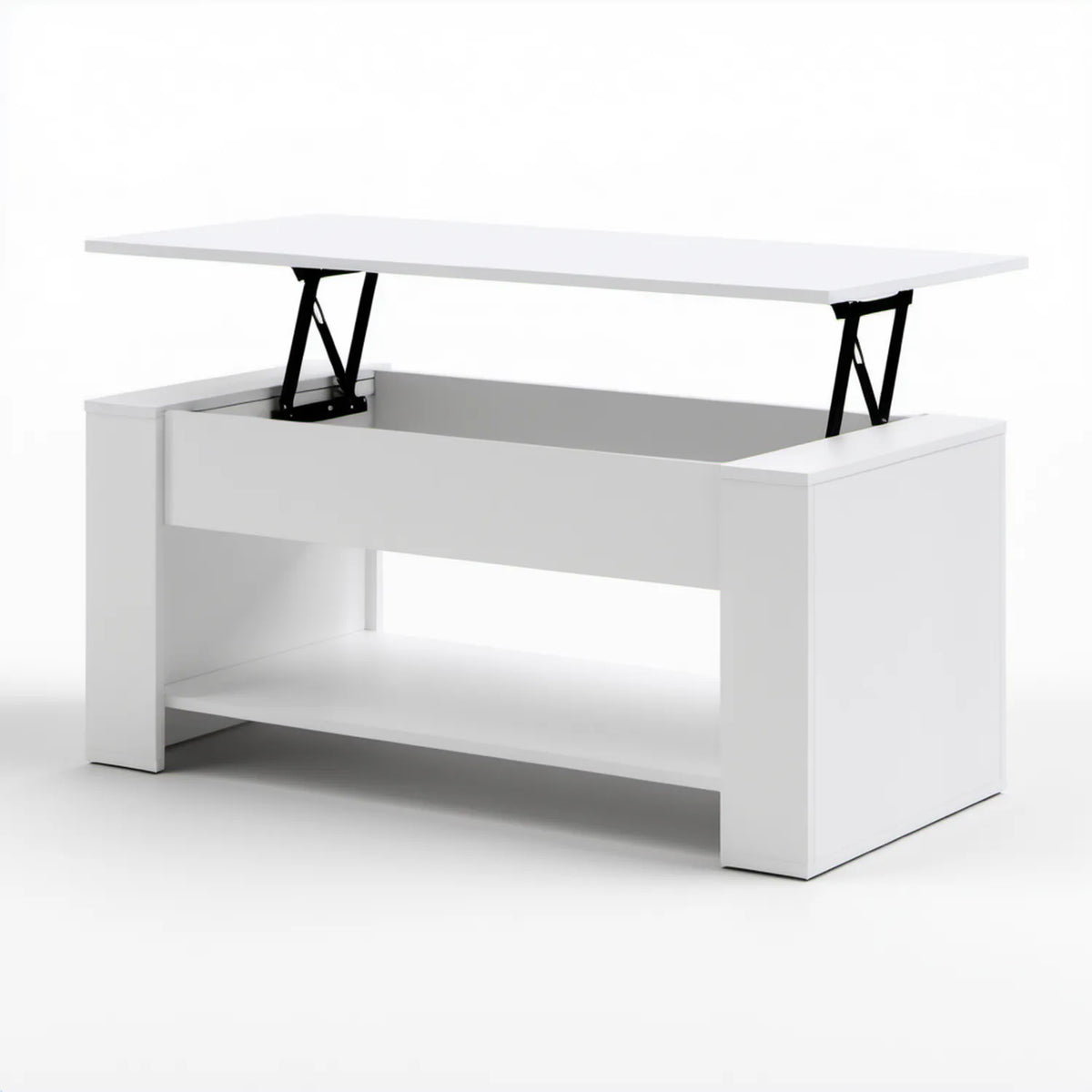 Biały stolik kawowy z podnoszonym blatem, schowkiem i półką 100 x 50 x 45–65 cm