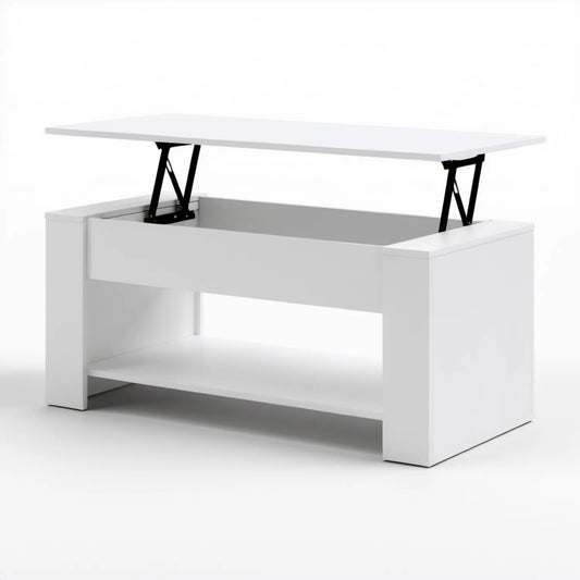 Biały stolik kawowy z podnoszonym blatem, schowkiem i półką 100 x 50 x 45–65 cm